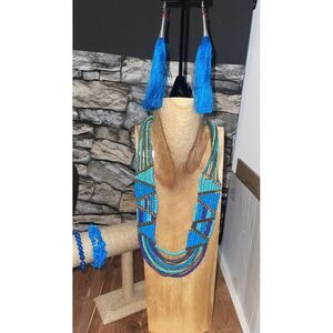 Turquoise Seed Beaded Necklace And Turquoise Bracelet,‎ & Drop Earrings